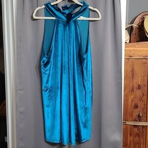 Three Eighty Two Womens/Juniors Velveteen Halter Dress Tealish Sz L EUC READ